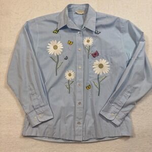 Vintage 90s Tia Designs Blue Striped Embroidered Butterfly Daisy Lace Shirt‎ L